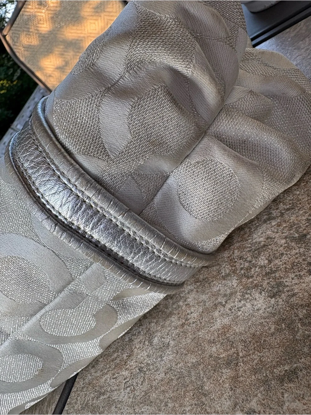 Coach Poppy “Glam” Silver Logo Jacquard Tote with Metallic Accents
